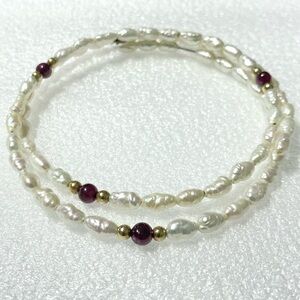 Rice Pearl & Rhodolite Garnet Bead Wire Wrap Bracelet sz LG